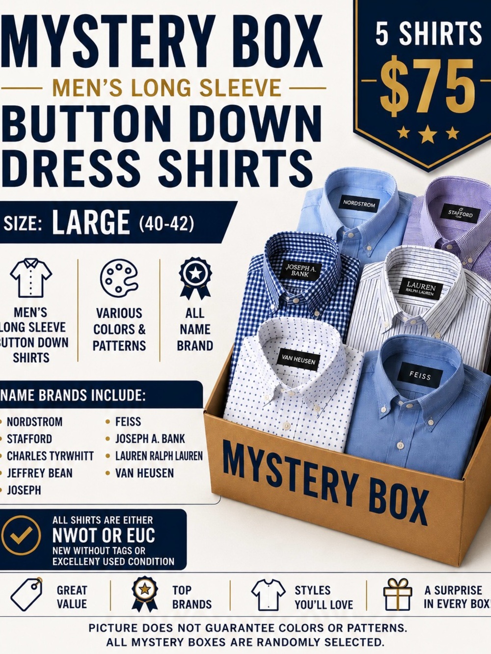 Mystery Box Men’s Long Sleeve Button-Down Dress Shirts - Large